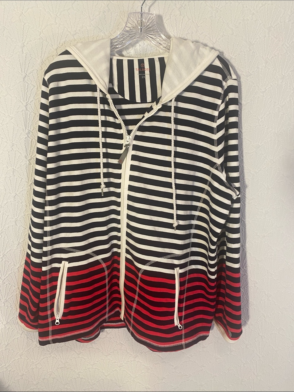 Talbots Black and White Striped Zip Hoodie with Red Logo